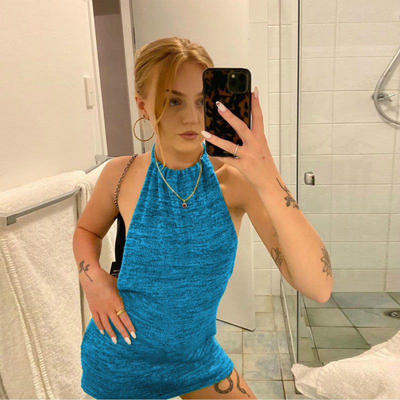 Sandy Beach Holiday Sexy Back Summer Knitted Dress Short Skirt Blue Gray - Shop at LoveMi