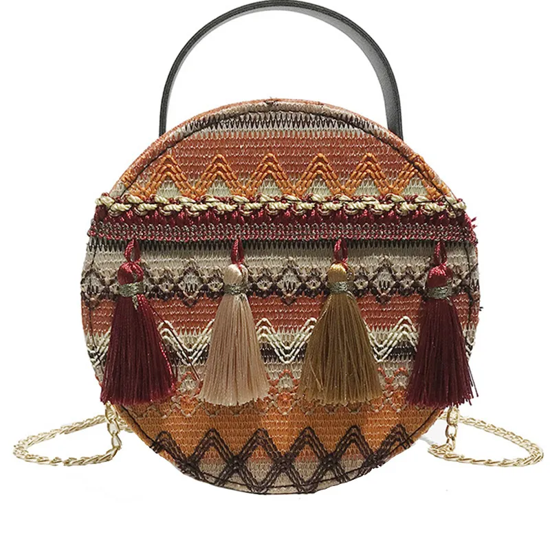 New Ethnic Style Cross-Border Straw Woven Bag Check Fringe Bag Mini - Yellow