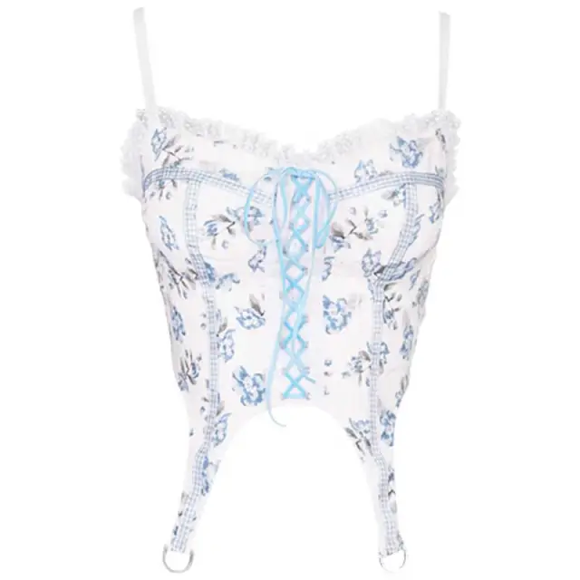 Female Sweet Girl Group Blue Floral Bandage Vest Wearing A Suspender Corset Blue - Shop at LoveMi