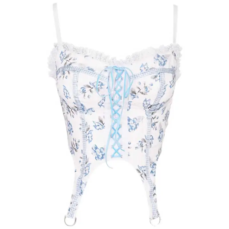 Female Sweet Girl Group Blue Floral Bandage Vest Wearing A Suspender Corset - Blue