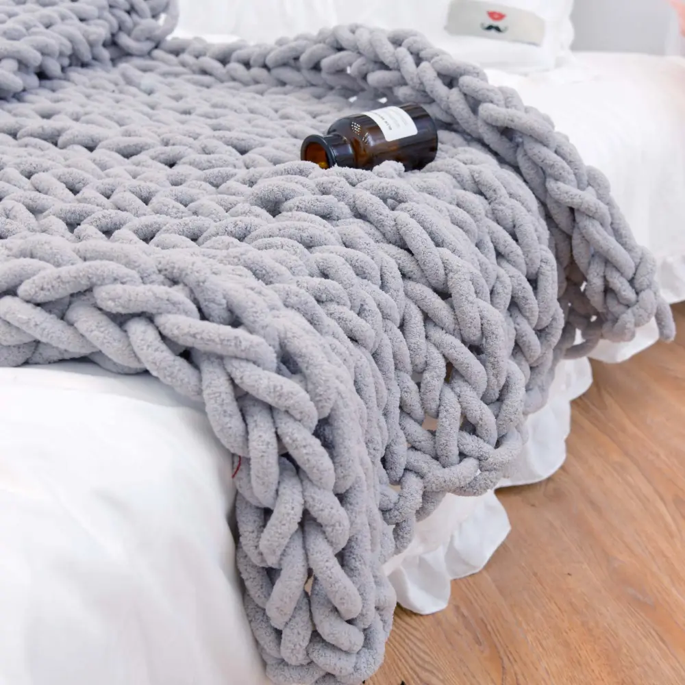Handmade Coarse Yarn Knitted Chenille Rod Sofa Cover Blanket