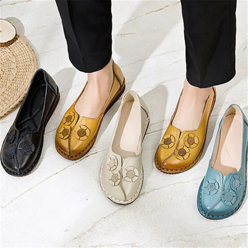 Vintage Flowers Mom Shoes Leather Comfortable Women'S Shoes