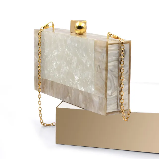 Shell Acrylic Stitching Messenger Dinner Bag Chain One Shoulder Clutch Female Bag Beige - Shop at LoveMi