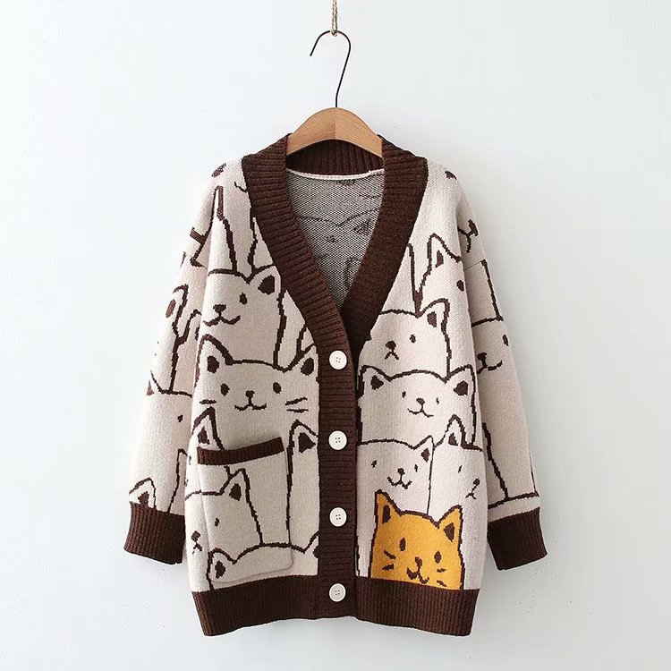 Sweet Outer Wear Knitted Jacquard Full-body Cartoon Cat Single-breasted Cardigan Sweater