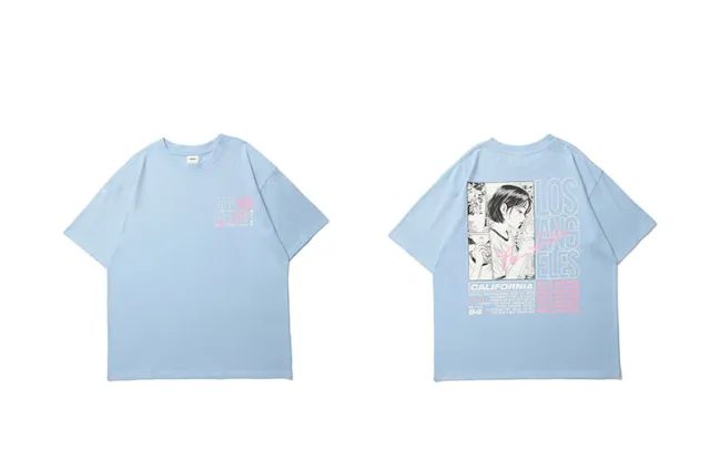 Cartoon Animation Girl Printing Short Sleeved T Shirt Blue - Shop at LoveMi