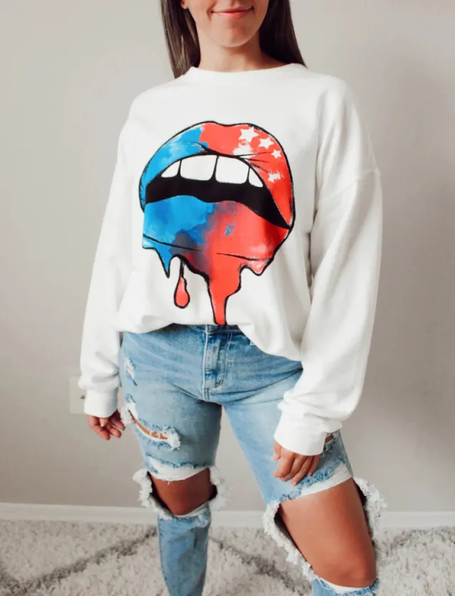 Round Neck Lashes Lip Printing Long sleeved Loose Sweater 2192 Colored Lips - Shop at LoveMi