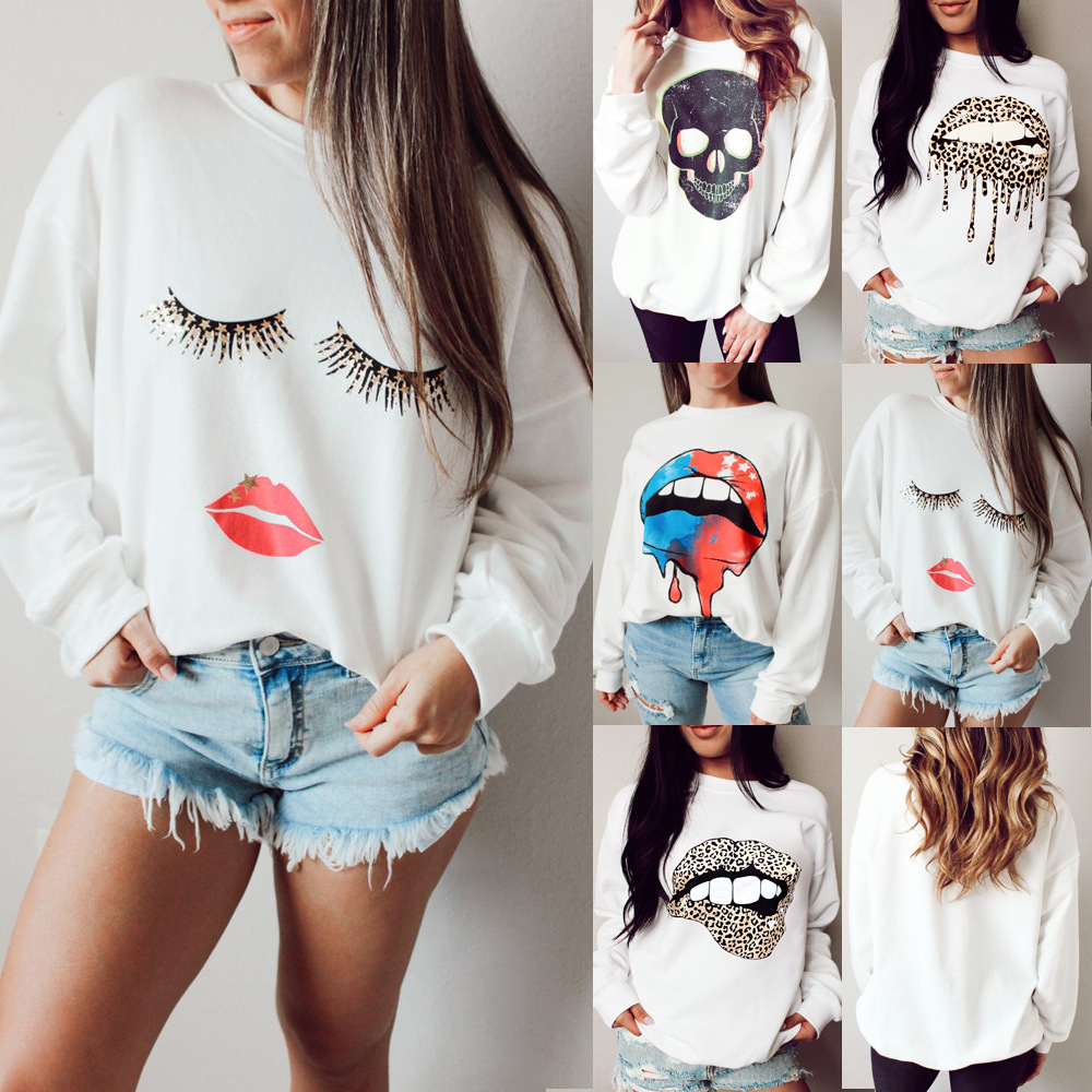 Round Neck Lashes Lip Printing Long-sleeved Loose Sweater 2192