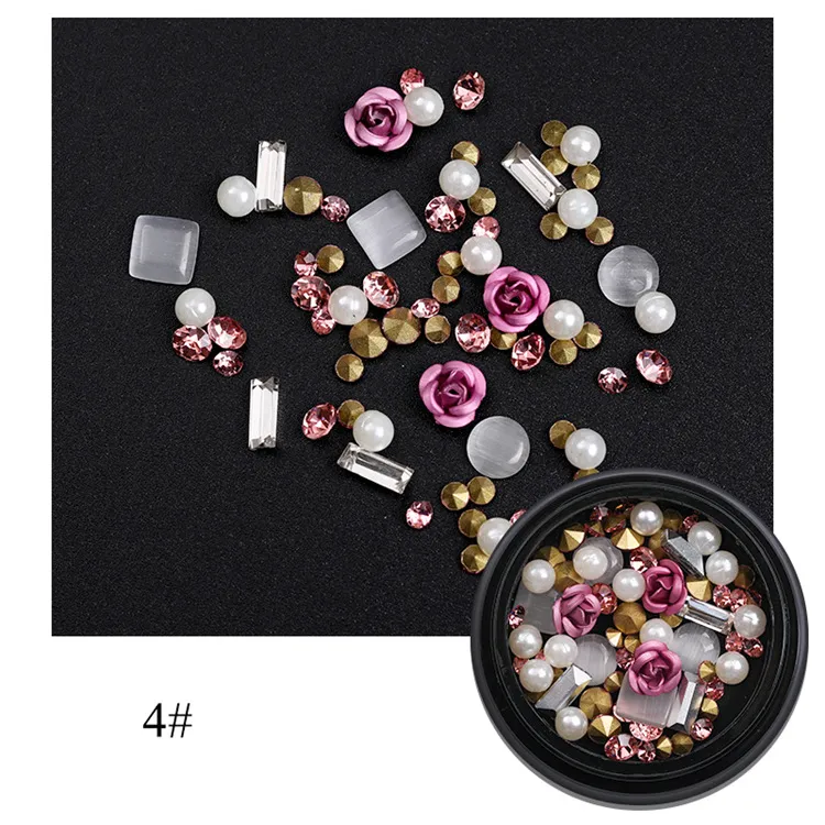 Nail Art Metal Flower Cat's Eye Jade Shaped Pointed Rhinestone Nail Art Pearl Jewelry - Light Pink