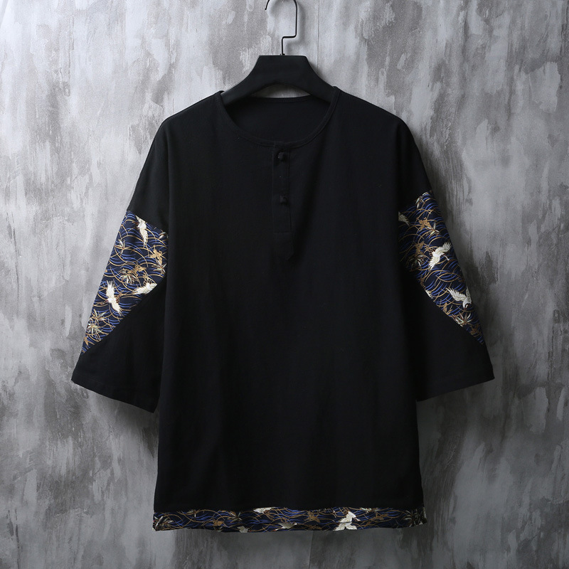 Disc button stitching cotton and linen loose round neck T-shirt