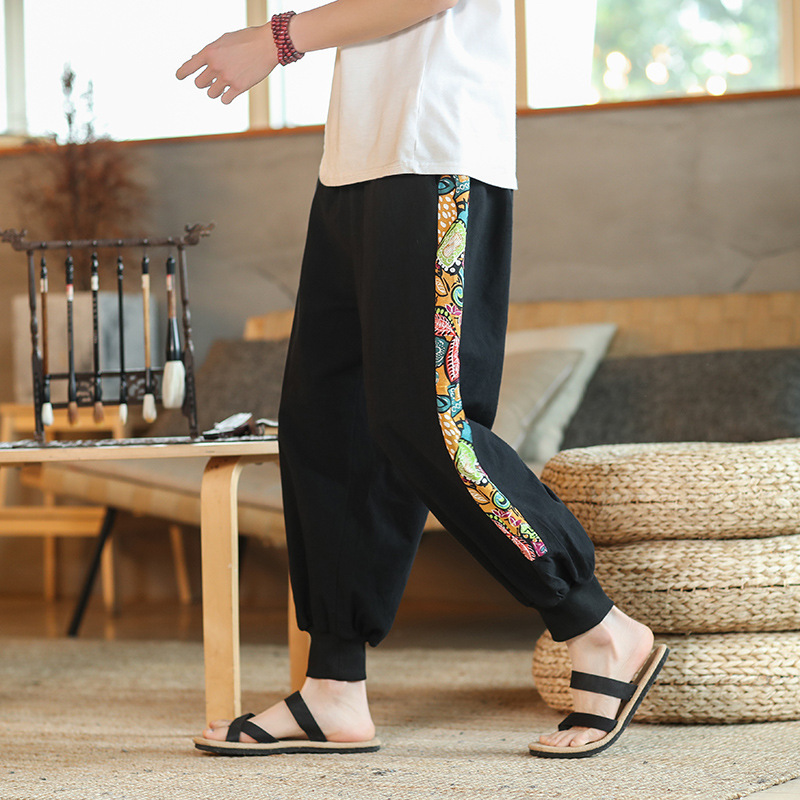  Cotton Hemp Large Size Chinese Style Casual Pants National Style Patchwork Pants Harlan Capris Tang Suit