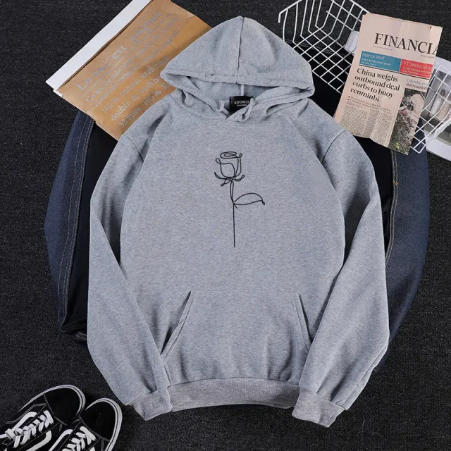 Graffiti Roses Simple Print Loose Hooded Couple Sweatshirt Grey - Shop at LoveMi