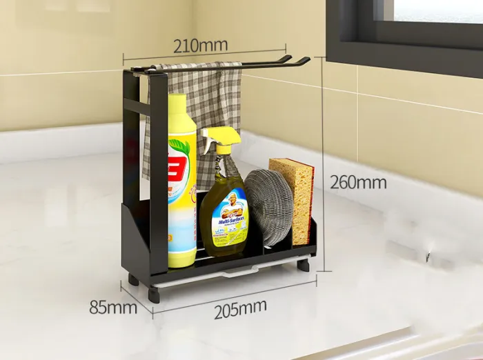 Kitchen Sink Caddy Organizer with Drain Tray, Metal Sponge, Soap and Brush Holder with Towel Bar Option - detail photo 1