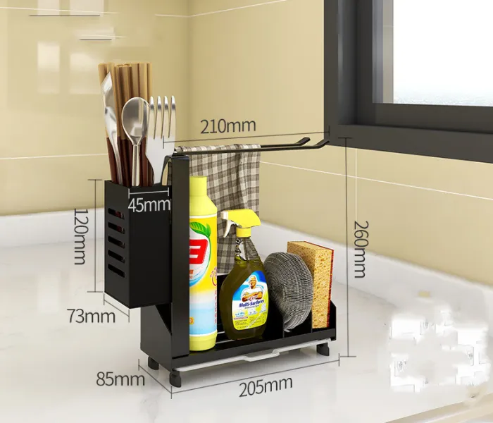 Kitchen Sink Caddy Organizer with Drain Tray, Metal Sponge, Soap and Brush Holder with Towel Bar Option - detail photo 4