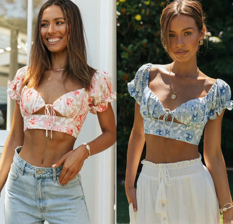 V-Neck Printed Chest-Wrapped Cropped Top Shirt