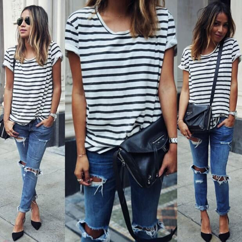 Title 2, Round Neck Striped Loose T-shirt