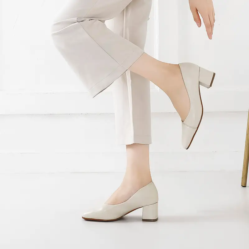 Square Toe Mid-Heel High Heel Shallow Mouth Leather Women's Singles Shoes