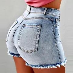 Women's Denim Shorts Tassel Hole High Waist - Blue - View 1
