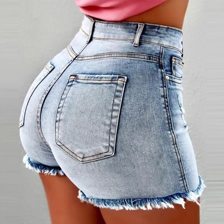 Women's Denim Shorts Tassel Hole High Waist - Blue
