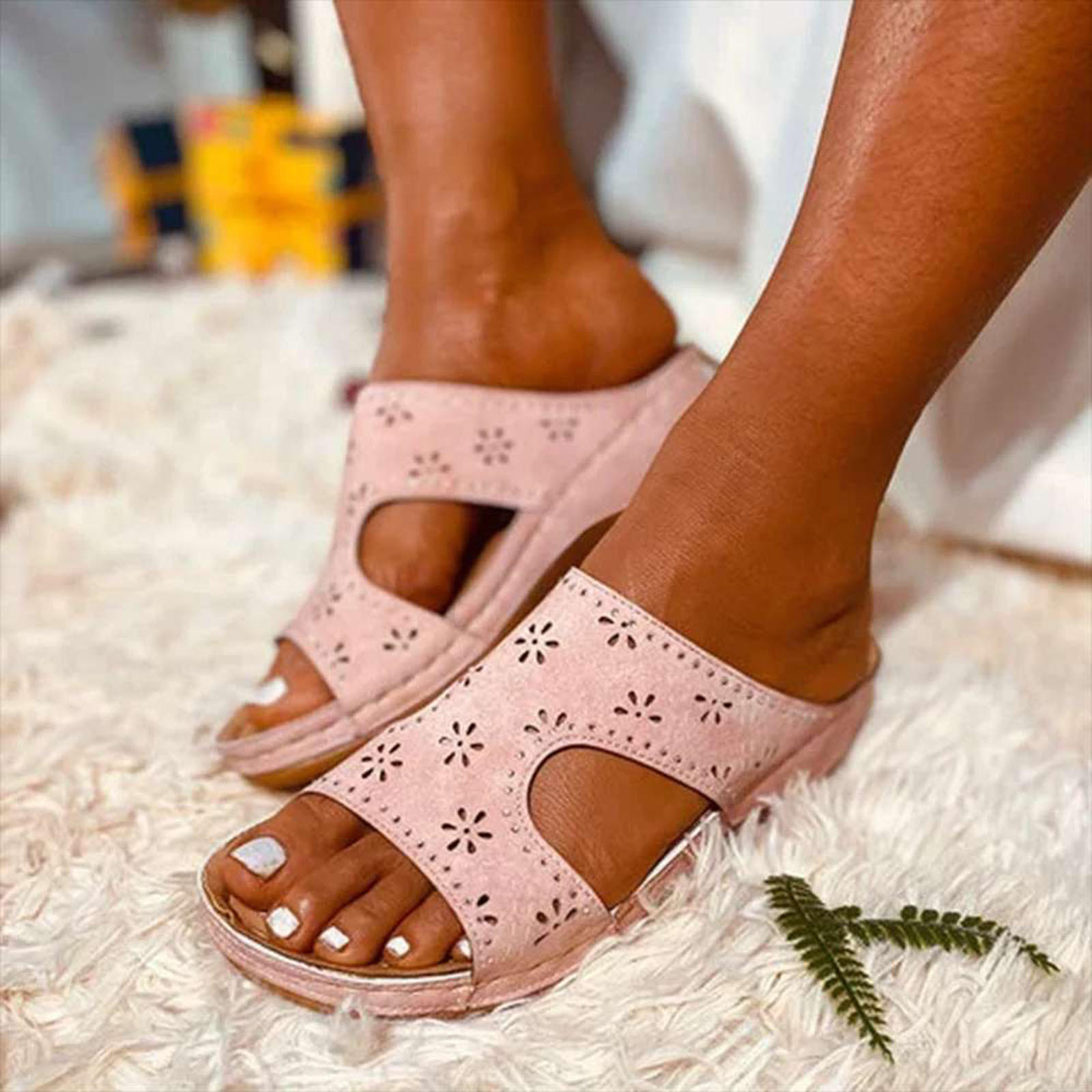 Fashionable Flat Casual Sewing Wedge Heel Breathable Women Sandals Pink - Shop at LoveMi