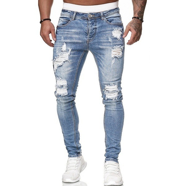 Title 2, Ripped White Slim Denim Trousers Fashion Foot P...