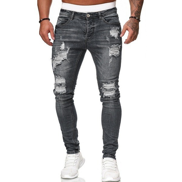 Title 4, Ripped White Slim Denim Trousers Fashion Foot P...