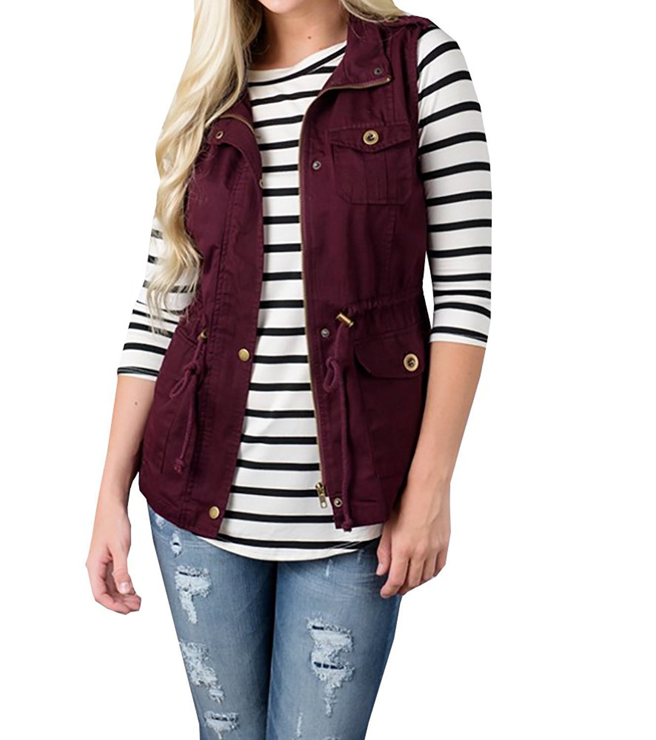 Solid Color Sleeveless Button Vest Jacket Wine - Shop at LoveMi