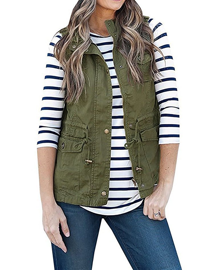 Solid Color Sleeveless Button Vest Jacket Green - Shop at LoveMi
