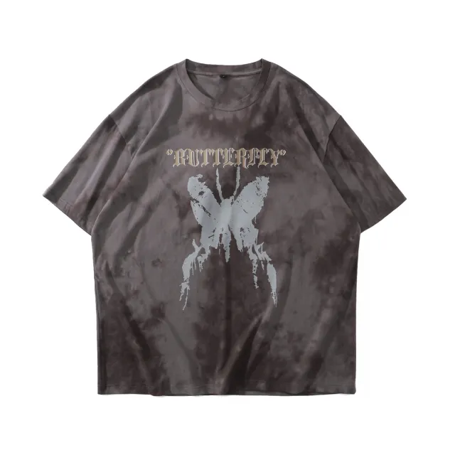 Tie dye Butterfly Print Street Men And Women Same Style Couples Hip hop Loose Short sleeved Original T shirt Grey - Shop at LoveMi