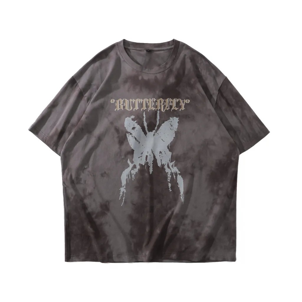 Tie-dye Butterfly Print Street Men And Women Same Style Couples Hip-hop Loose Short-sleeved Original T-shirt - Grey