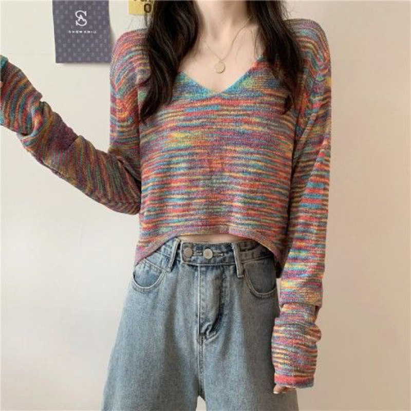Women Fashion V Neck Tie-dyed Long Sleeve Crop Top