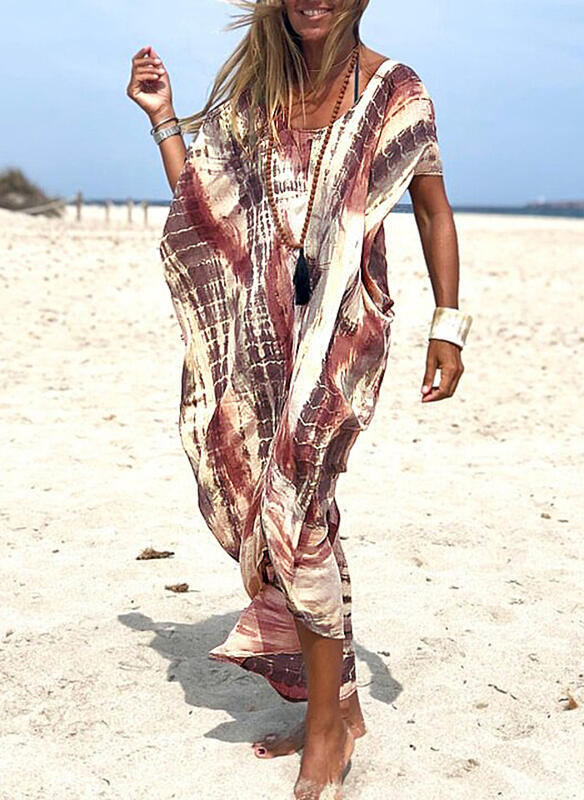 New Tie Dye Short Sleeved Loose Fitting Leisure Long Dress