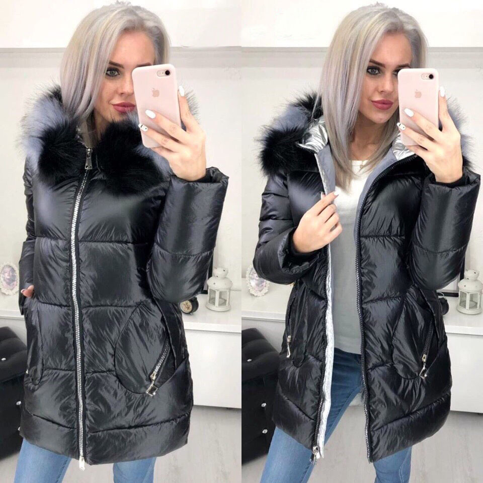 Coat Long Shiny Large Fur Collar Warm Ladies Jacket