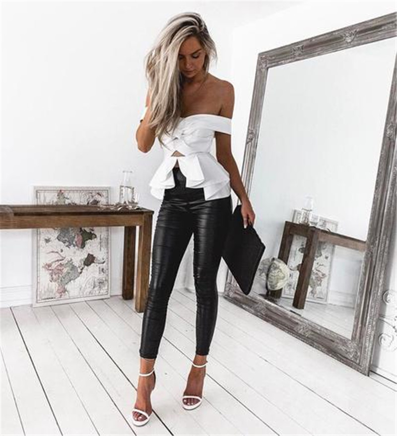 Ladies High Elastic PU Leather Pants Tight Leggings