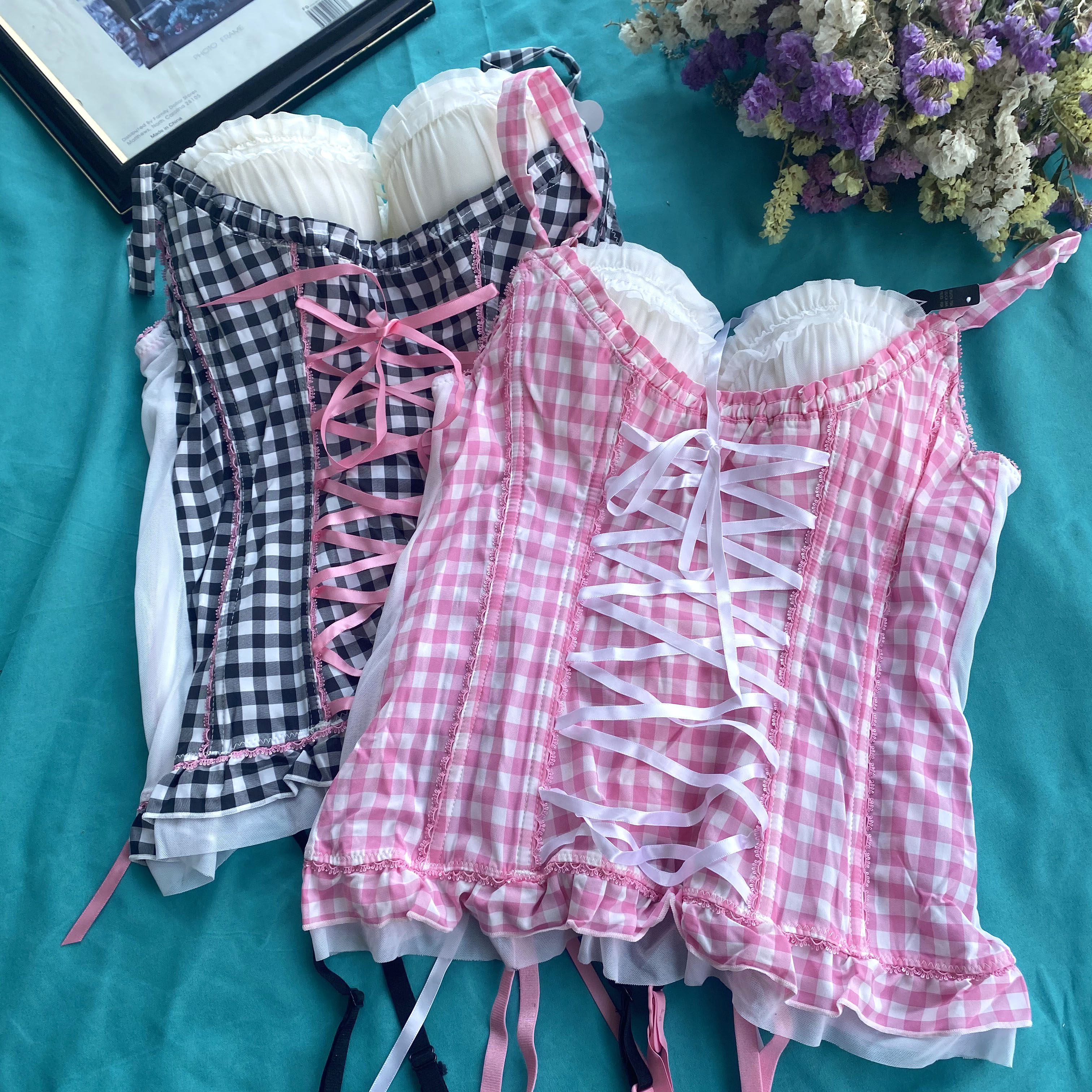 Title 4, Lace-Up Loli Plaid Corset Gather Type Bone Long...