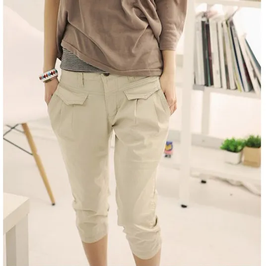 Women's Slim Casual Loose Plus Size Cropped Pants Beige - Shop at LoveMi
