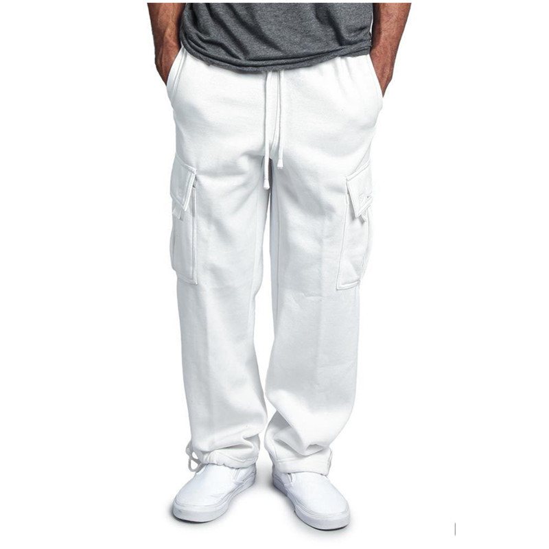 New Men's Drawstring Elastic Waist Solid Color Casual Pants Multi Pocket Trousers