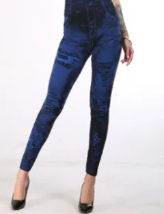 Seamless Fake Ripped Corset Imitation Denim Leggings Women'S Outer Wear High-Waist Printed Pants - Blue - View 1