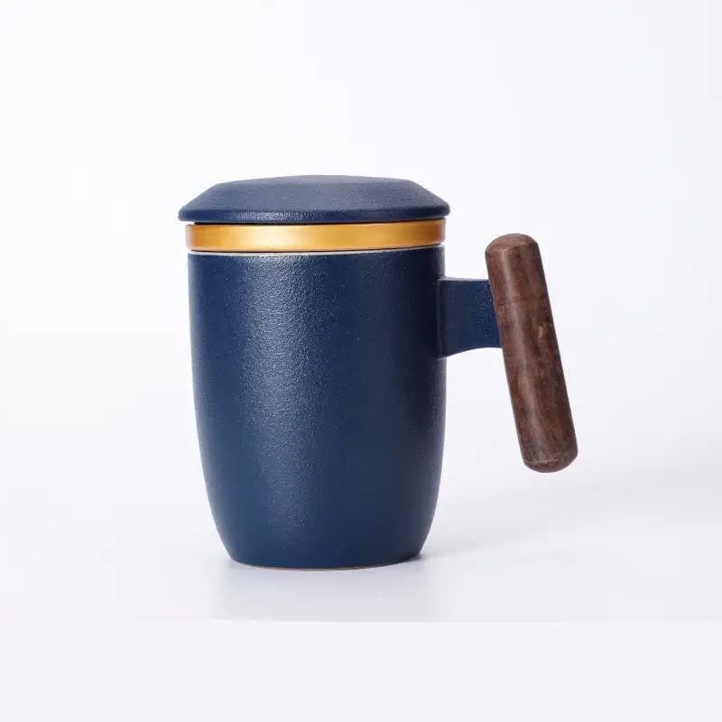 Ceramic Mug, Wooden Handle, Filter Tea Cup with Lid, Large Capacity Office Cup