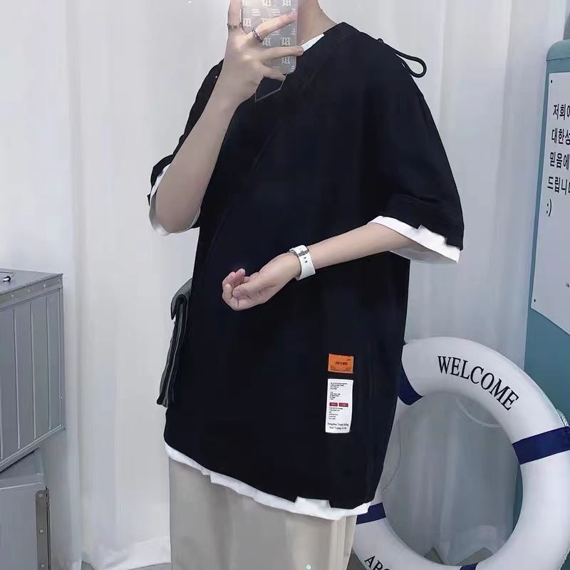Summer Fake Two Piece Short Sleeved T Shirt Men's Loose Five Point Sleeves