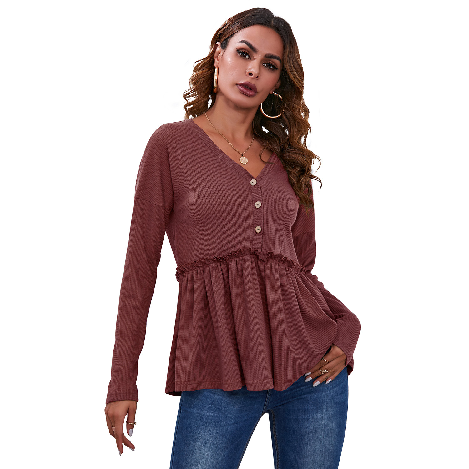Casual V Neck Slim Long Sleeved Skirt Top Women