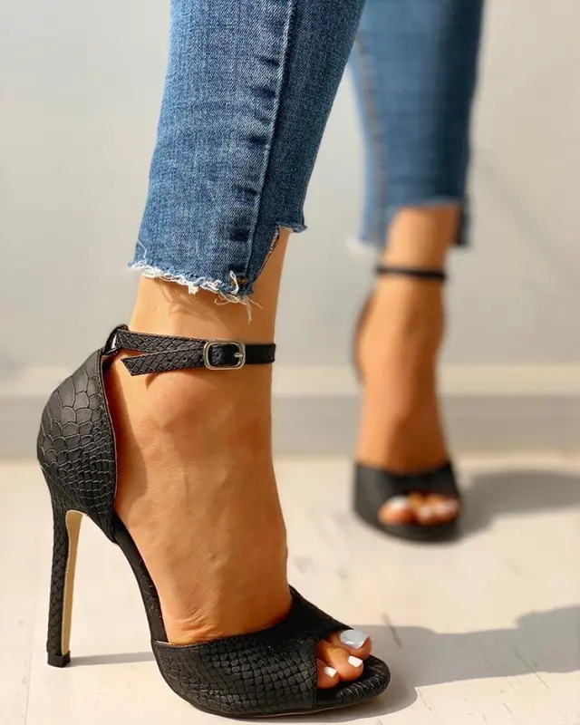 States Sexy Snake Print Stiletto Buckle Fish Mouth Bag Heel Sandals Black - Shop at LoveMi