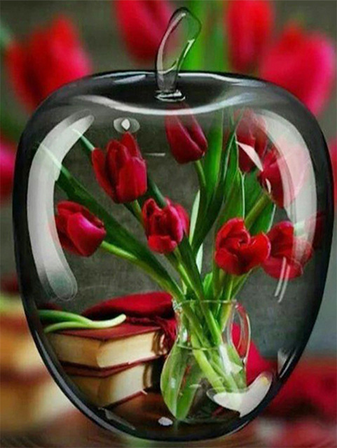 تزيين بالكريستال والراينستون، رسم نباتي دي آي واي، لوحة ألماسية ثلاثية الأبعاد بتطريز وردة تفاح بتقنية التطريز المتقاطع