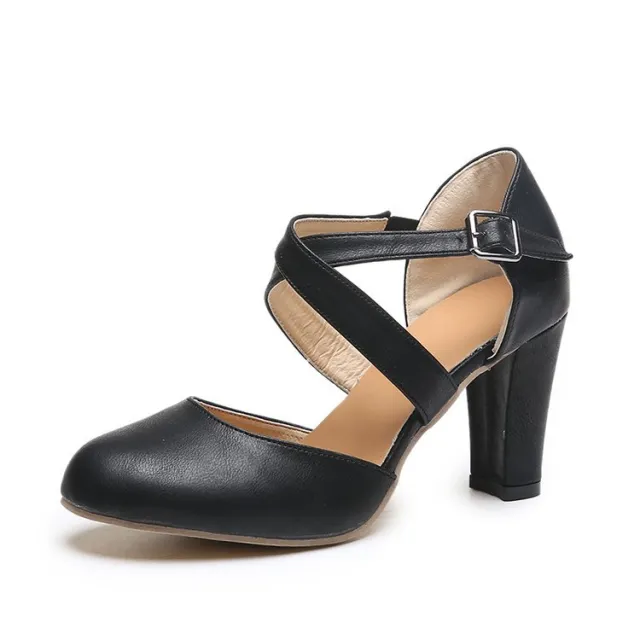 Baotou High Heel Pu Rubber Chunky Heel Sandals With One Line Buckle Black - Shop at LoveMi