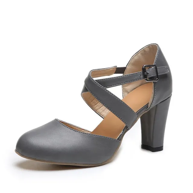 Baotou High Heel Pu Rubber Chunky Heel Sandals With One Line Buckle Grey - Shop at LoveMi