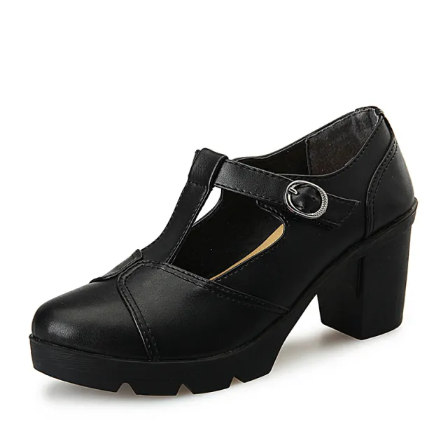Womens Pumps Shoes Classic Mary Jane T Strap Buckle Block Heels Platform Black - Shop at LoveMi