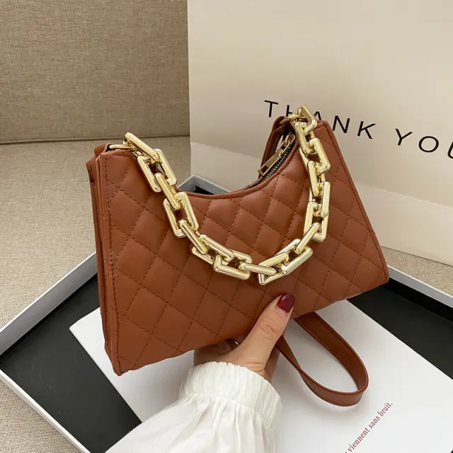 Women'S Fashion Solid Color Portable Small Fragrant Rhombus Chain Bag Brown - Shop at LoveMi