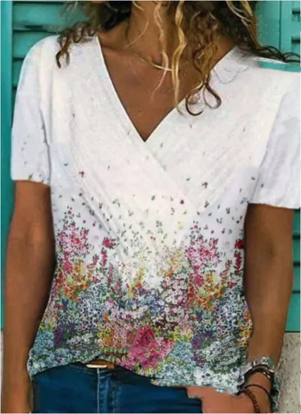 Women's Fashion Loose V Neck Slim Print Short Sleeves White - Shop at LoveMi
