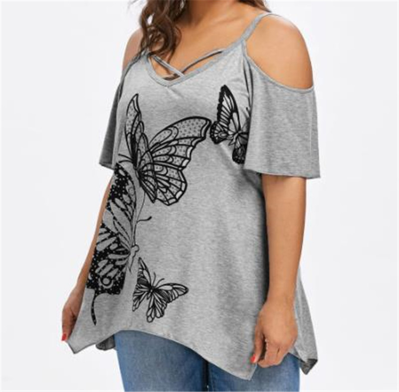 Title 2, Sexy Front Cross Butterfly Print T-shirt Off Sh...