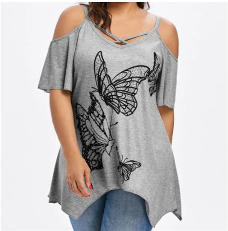 Title 3, Sexy Front Cross Butterfly Print T-shirt Off Sh...