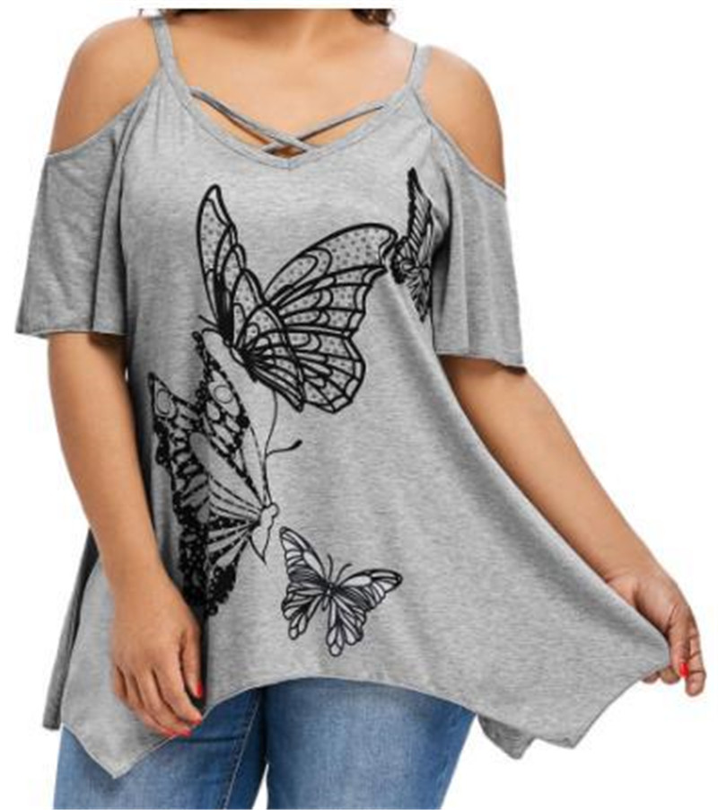 Title 4, Sexy Front Cross Butterfly Print T-shirt Off Sh...